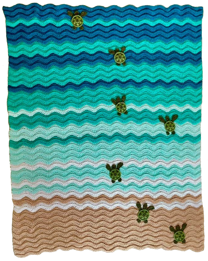 White Blue Green Teal Turtles with Teal Crochet Trim Little Turtle Baby Blanket